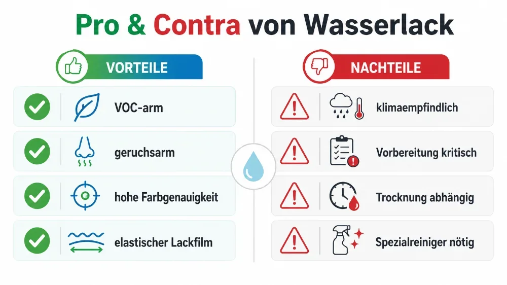 Infografik mit der Überschrift „Pro & Contra von Wasserlack“. Links stehen die Vorteile mit grünen Häkchen: VOC-arm, geruchsarm, hohe Farbgenauigkeit und elastischer Lackfilm. Rechts stehen die Nachteile mit roten Warnsymbolen: klimaempfindlich, Vorbereitung kritisch, Trocknung abhängig und Spezialreiniger nötig. In der Mitte trennt ein Wassertropfen-Symbol beide Seiten.