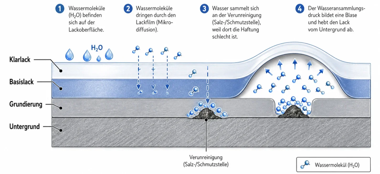 Technische Querschnittsgrafik eines Lackaufbaus mit Klarlack, Basislack, Grundierung und Untergrund. Wassermoleküle liegen auf der Lackoberfläche, diffundieren durch den Lackfilm und sammeln sich an einer Salz- oder Schmutzverunreinigung. Rechts ist zu sehen, wie der Wasseransammlungsdruck den Lack vom Untergrund abhebt und eine Blase bildet.