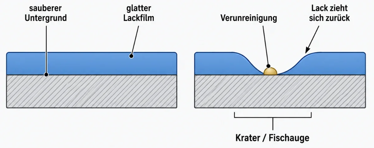 Technische Querschnittsgrafik zur Entstehung von Kratern im Lack. Links ist ein sauberer Untergrund mit glattem Lackfilm zu sehen. Rechts liegt eine Verunreinigung auf dem Untergrund, wodurch sich der Lack zurückzieht und eine runde Vertiefung bildet. Die Grafik markiert den Fehlerbereich als Krater beziehungsweise Fischauge und erklärt visuell, warum Lack auf kontaminierten Stellen nicht gleichmäßig verläuft.