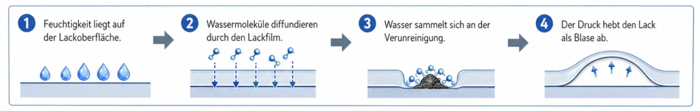 Schmale Infografik mit vier Schritten zur Blasenbildung im Autolack durch Feuchtigkeit. Zuerst liegt Feuchtigkeit auf der Lackoberfläche. Danach diffundieren Wassermoleküle durch den Lackfilm. Anschließend sammelt sich Wasser an einer Verunreinigung unter dem Lack. Im letzten Schritt hebt der entstehende Druck den Lack an und bildet eine sichtbare Blase.