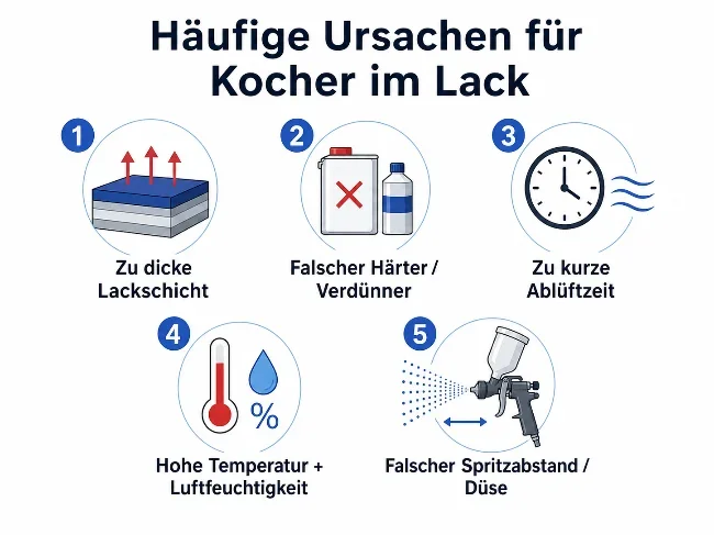 Infografik mit fünf häufigen Ursachen für Kocher im Lack. Die Grafik nennt eine zu dicke Lackschicht, falschen Härter oder Verdünner, eine zu kurze Ablüftzeit, hohe Temperatur in Kombination mit Luftfeuchtigkeit sowie einen falschen Spritzabstand oder eine ungeeignete Düse. Jede Ursache ist mit einem passenden Symbol dargestellt, zum Beispiel Lackschichten, Gebinde, Uhr, Thermometer mit Wassertropfen und Lackierpistole.