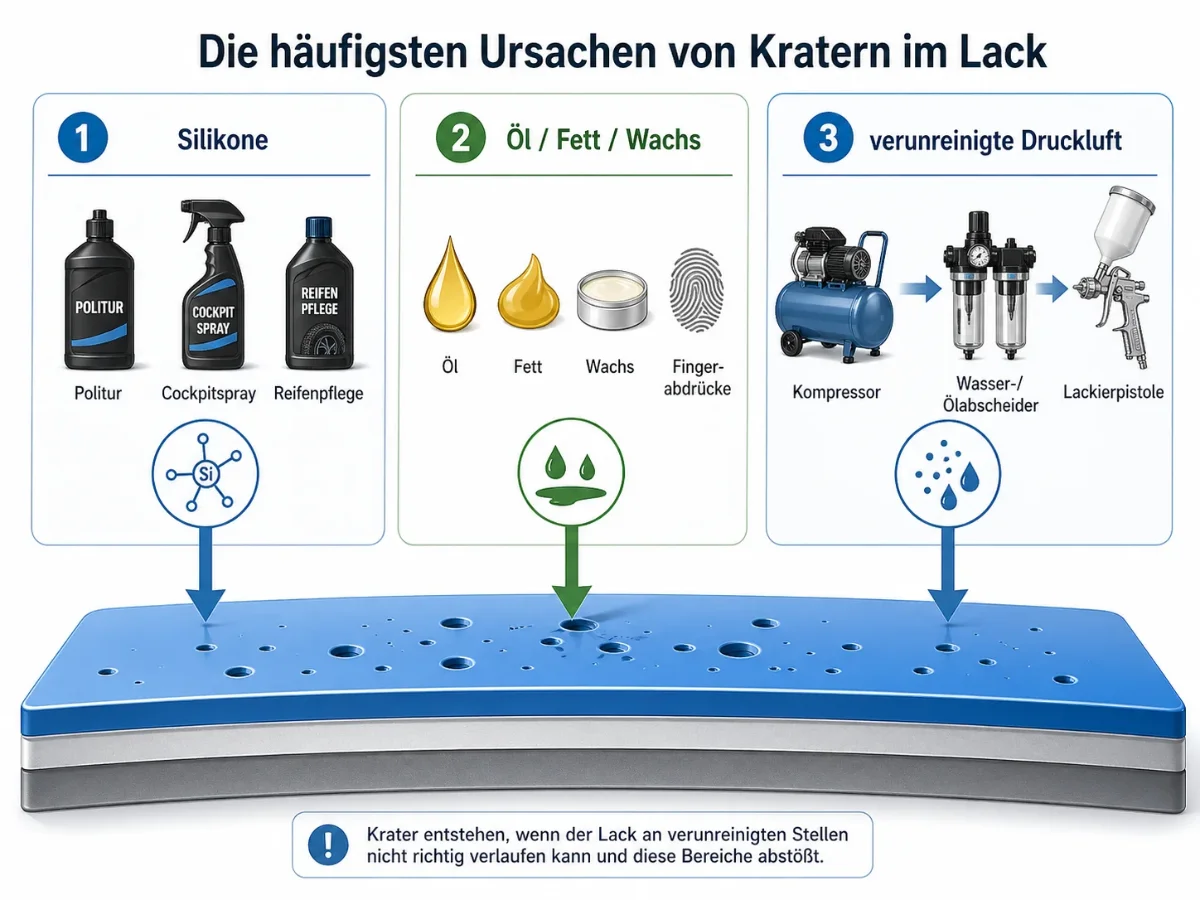 Infografik mit drei Hauptursachen für Krater im Autolack. Links werden silikonhaltige Produkte wie Politur, Cockpitspray und Reifenpflege gezeigt. In der Mitte sind Öl, Fett, Wachs und Fingerabdrücke als Verunreinigungen dargestellt. Rechts zeigt die Grafik verunreinigte Druckluft mit Kompressor, Wasser- und Ölabscheider sowie Lackierpistole. Pfeile führen von den Ursachen zu einer blauen lackierten Fläche mit sichtbaren Kratern.