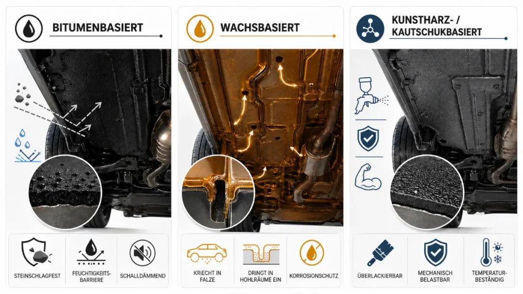 Infografik mit drei Spalten zum Vergleich verschiedener Unterbodenschutz-Arten. Links wird bitumenbasierter Unterbodenschutz mit schwarzer Schutzschicht, Steinschlagfestigkeit, Feuchtigkeitsbarriere und Schalldämmung gezeigt. In der Mitte wird wachbasierter Unterbodenschutz mit bernsteinfarbener Schutzschicht, Kriechfähigkeit in Falze, Hohlräume und Korrosionsschutz dargestellt. Rechts zeigt die Grafik kunstharz- beziehungsweise kautschukbasierten Unterbodenschutz mit überlackierbarer, mechanisch belastbarer und temperaturbeständiger Schutzschicht.