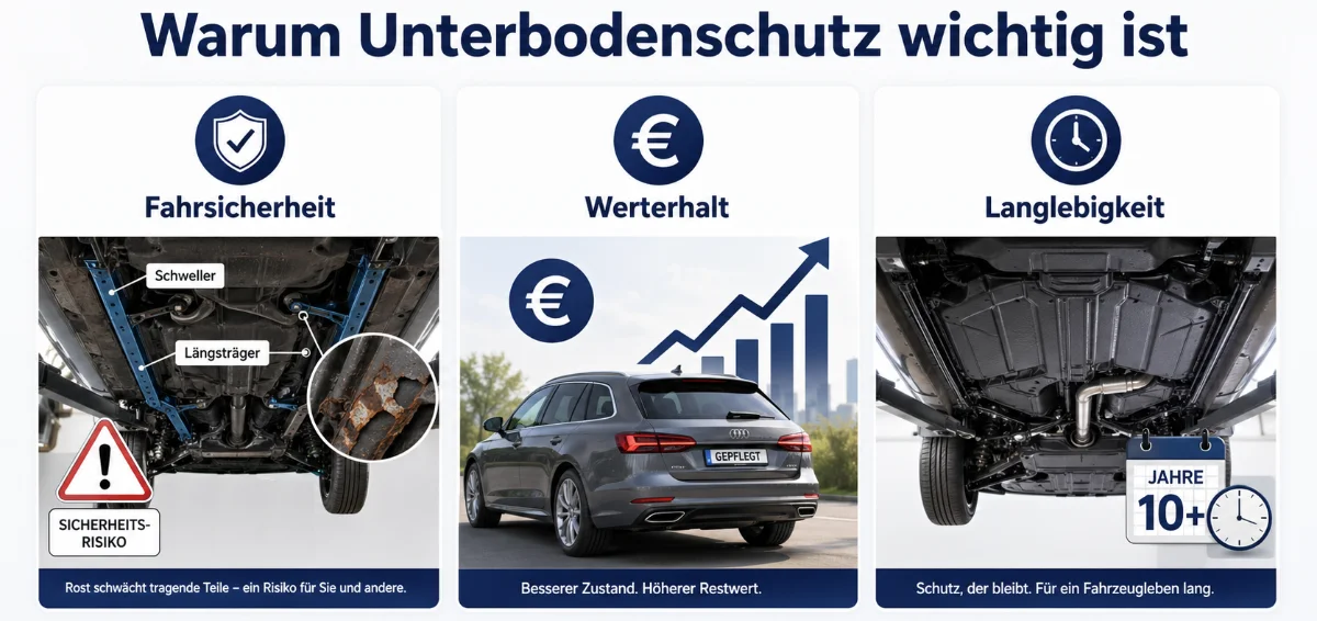 Dreigeteilte Infografik mit der Überschrift „Warum Unterbodenschutz wichtig ist“. Die linke Spalte zeigt den Aspekt Fahrsicherheit mit markierten Fahrzeugbereichen wie Schweller und Längsträger sowie einem Hinweis auf Rost als Sicherheitsrisiko. Die mittlere Spalte zeigt Werterhalt mit einem gepflegten Fahrzeug, Euro-Symbol und steigendem Diagramm. Die rechte Spalte zeigt Langlebigkeit mit einem sauberen geschützten Unterboden, Kalender-Symbol und Hinweis auf langjährigen Schutz.