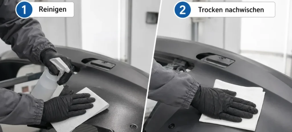 Split-Screen-Bild der Zwei-Tücher-Methode bei der Lackiervorbereitung: Links sprüht eine Person Silikonentferner auf ein Karosserieteil und wischt die Fläche mit einem Tuch ab. Rechts wird dieselbe Fläche mit einem trockenen, sauberen Tuch nachgewischt. Die Grafik zeigt Schritt 1 „Reinigen“ und Schritt 2 „Trocken nachwischen“ als korrekte Vorbereitung gegen Krater im Autolack.
