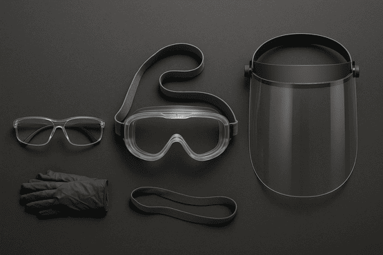 Flatlay von Augenschutz-Ausrüstung auf dunklem Grund: Oben eine Schutzbrille, eine Vollsichtbrille und ein Gesichtsschild. Unten links ein Paar Handschuhe.