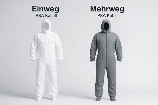 Vergleichsbild: Links ein weißer Einweg-Lackieranzug mit der Aufschrift "Einweg, PSA Kat. III", rechts ein grauer Mehrweg-Lackieranzug mit der Aufschrift "Mehrweg, PSA Kat. I".