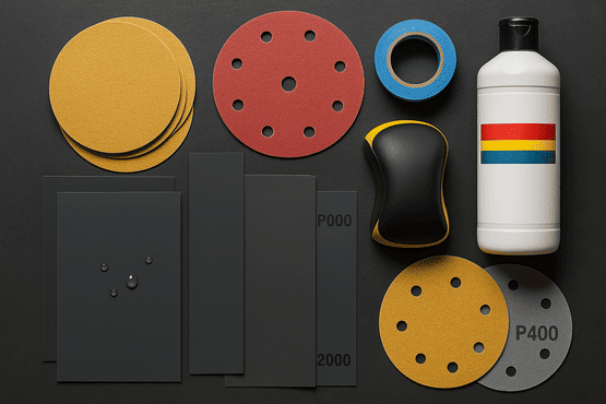 Flatlay-Ansicht auf dunklem Hintergrund mit gelbem und rotem Schleifpapier (Exzenterscheiben P400), schwarzem Nassschleifpapier mit Wassertropfen (P2000), einem schwarz-gelben Handschleifklotz, blauem Klebeband und einer weißen Flasche Politur.