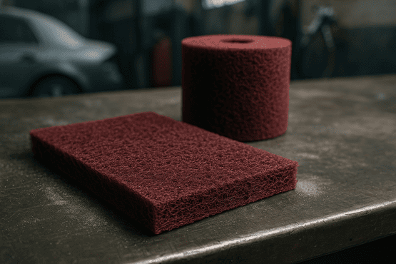 Eine Rolle rotes Schleifvlies und ein einzelnes Handpad liegen nebeneinander auf einer staubigen Werkbank in einer Autowerkstatt.