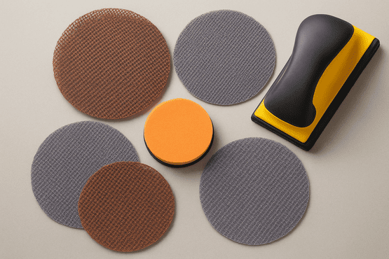 Flatlay-Aufnahme von runden Schleifgitter-Scheiben in brauner und grauer Körnung, arrangiert neben einem orangen Interface-Pad aus Schaumstoff und einem gelb-schwarzen Handschleifblock auf hellem Untergrund.