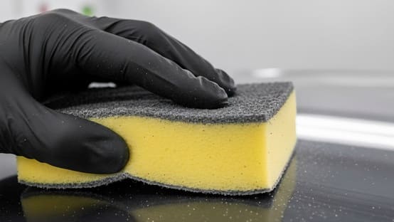 Eine Nahaufnahme zeigt die Anwendung von Schleifschwämmen: Eine Hand in einem schwarzen Handschuh führt einen Schleifschwamm über dunklen Autolack.