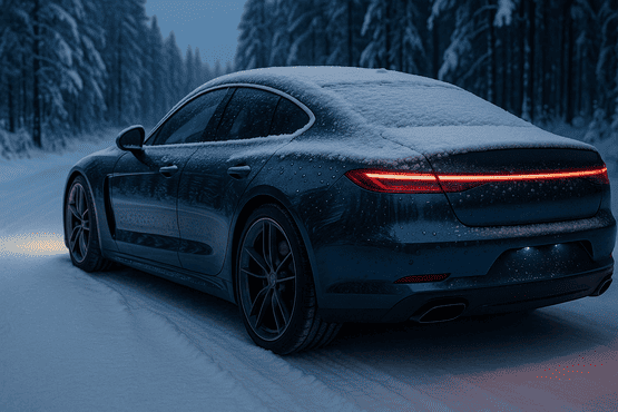 Ein modernes, dunkelblaues Sportcoupé steht auf einer verschneiten Waldstraße. Das Bild demonstriert effektiven Lackschutz im Winter, da Schnee auf dem Dach liegt, aber Wasser an den Seitenpartien deutlich sichtbar abperlt (Beading) und den tiefen Glanz des Lacks offenbart.