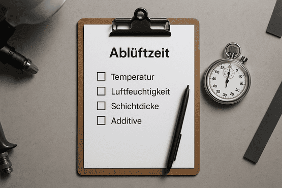 Flatlay-Aufnahme auf einem grauen Untergrund mit einem Klemmbrett, auf dem eine Checkliste mit der Überschrift „Ablüftzeit“ liegt. Die Punkte auf der Liste sind Temperatur, Luftfeuchtigkeit, Schichtdicke und Additive. Daneben liegen eine analoge Stoppuhr, ein schwarzer Stift und am Rand ist der Kopf einer Lackierpistole sichtbar.