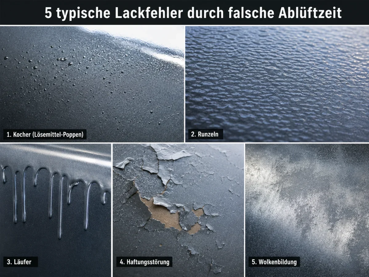 Collage mit fünf typischen Lackfehlern durch falsche Ablüftzeit beim Autolackieren. Zu sehen sind Kocher mit kleinen Bläschen und Kratern, runzelige Lackstruktur, senkrechte Lackläufer, abplatzende Lackschichten durch Haftungsstörung und wolkige Metallic-Lackierung.