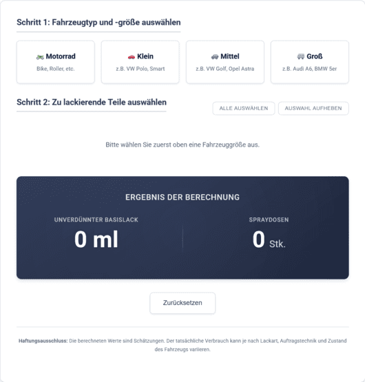 Interaktiver Lackmengenrechner von LuZ Lackwissen zur Auswahl von Fahrzeuggröße und Karosserieteilen für die Berechnung von Basislack.
