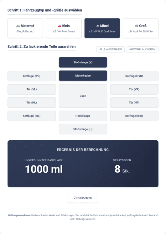 Ergebnis im Lackmengenrechner mit Anzeige der benötigten Menge an unverdünntem Basislack in Millilitern und der Anzahl an Spraydosen.