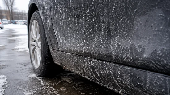 Nahaufnahme der unteren Fahrzeugseite eines dunklen Autos im Winter. Tür, Schweller und Radlauf sind stark mit Schneematsch, Streusalz, grauem Salzfilm und Straßenschmutz bedeckt. Im Hintergrund sind eine nasse Straße, Schneereste und weitere Fahrzeuge unscharf zu sehen. Das Bild zeigt deutlich, wie stark Autolack im Winter durch Salz, Feuchtigkeit und Schmutz belastet wird.
