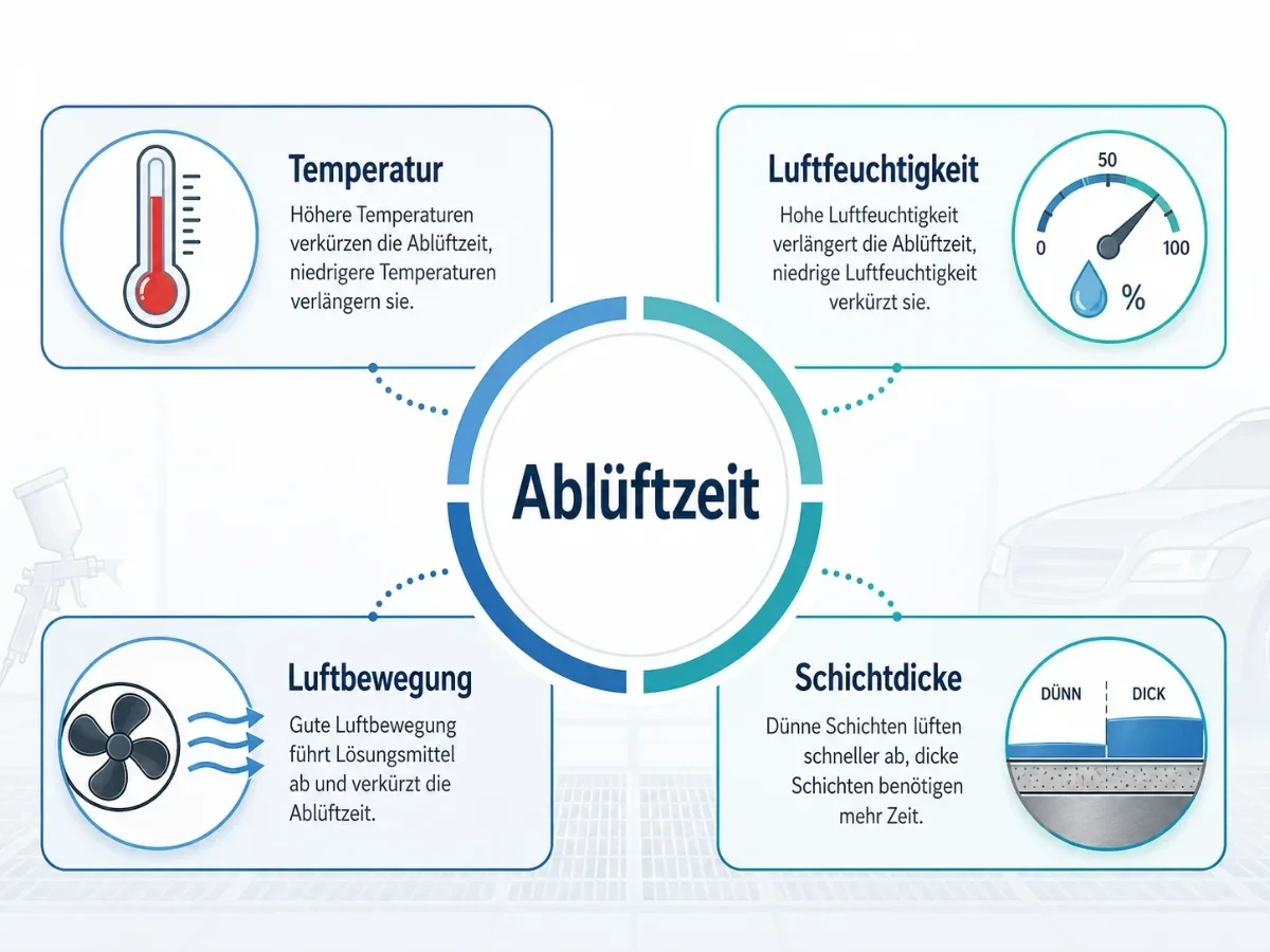 Infografik zur Ablüftzeit beim Autolackieren. In der Mitte steht der Begriff Ablüftzeit. Darum angeordnet sind vier Einflussfaktoren: Temperatur mit Thermometer, Luftfeuchtigkeit mit Hygrometer, Luftbewegung mit Ventilator und Schichtdicke mit Querschnitt von dünner und dicker Lackschicht.