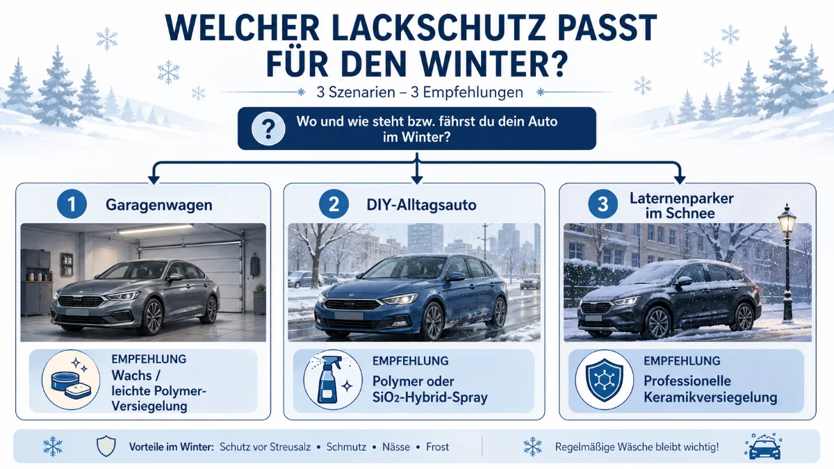 Infografik mit dem Titel „Welcher Lackschutz passt für den Winter?“. Drei Szenarien werden verglichen: ein Garagenwagen mit Empfehlung für Wachs oder leichte Polymer-Versiegelung, ein DIY-Alltagsauto mit Empfehlung für Polymer oder SiO2-Hybrid-Spray und ein Laternenparker im Schnee mit Empfehlung für professionelle Keramikversiegelung. Die Grafik zeigt dazu passende Fahrzeugbilder, Symbole und Hinweise zu Schutz vor Streusalz, Schmutz, Nässe und Frost.