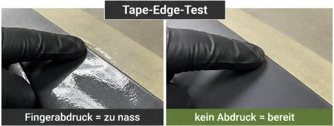 Zweiteilige Nahaufnahme eines Tape-Edge-Tests auf einer frisch lackierten Autolack-Oberfläche. Links drückt ein schwarzer Handschuh neben Abklebeband auf glänzenden, noch zu nassen Lack mit Fingerabdruck. Rechts zeigt der Test eine matte Oberfläche ohne Abdruck, bereit für die nächste Lackschicht.