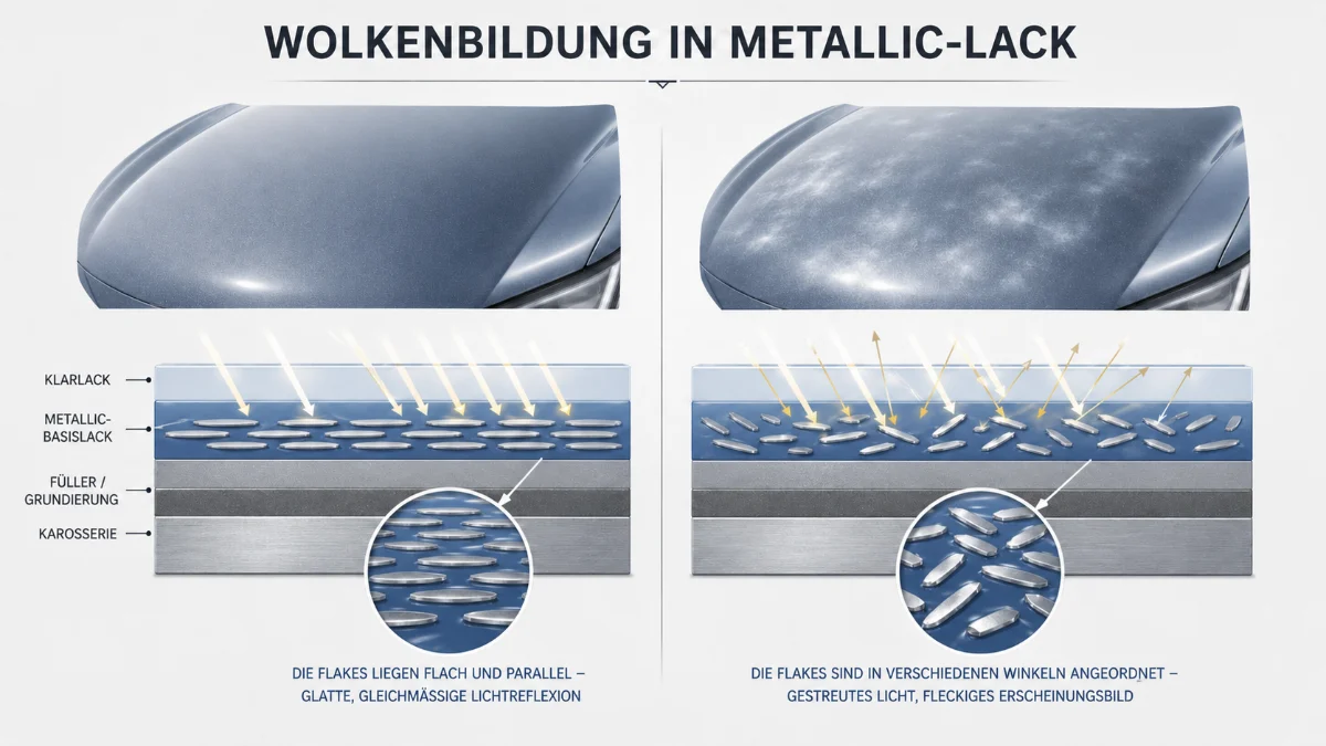 Infografik mit dem Titel „Wolkenbildung in Metallic-Lack“. Oben werden zwei Motorhauben in Metallic-Blau gegenübergestellt. Links ist eine gleichmäßig lackierte Oberfläche zu sehen, rechts eine wolkige, fleckige Oberfläche mit unruhigem Erscheinungsbild. Darunter zeigen zwei Querschnittsgrafiken den Lackaufbau. Links liegen die Metallic-Flakes im Metallic-Basislack flach und parallel, sodass das Licht gleichmäßig reflektiert wird. Rechts sind die Flakes in verschiedenen Winkeln angeordnet, wodurch das Licht gestreut wird und ein fleckiges Erscheinungsbild entsteht. Die Schichten sind links mit Klarlack, Metallic-Basislack, Füller beziehungsweise Grundierung und Karosserie beschriftet. Unter beiden Querschnitten befinden sich vergrößerte Detailansichten der Pigmentausrichtung sowie erklärende Texte zur gleichmäßigen beziehungsweise gestreuten Lichtreflexion.