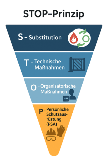 Infografik des STOP-Prinzips im Arbeitsschutz: Eine umgekehrte Pyramide zeigt die Hierarchie der Schutzmaßnahmen. Von oben (höchste Priorität) nach unten: S für Substitution, T für Technische Maßnahmen, O für Organisatorische Maßnahmen und P für Persönliche Schutzausrüstung.
