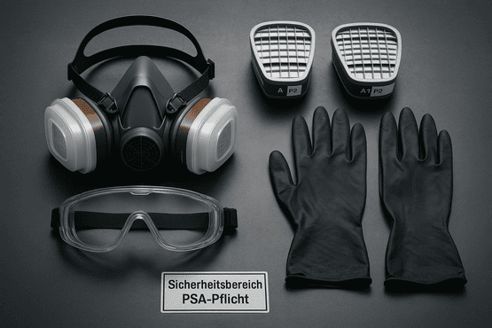 Eine ordentliche Anordnung von PSA für den Arbeitsschutz: Eine Halbmaske mit Filtern, eine Korbbrille und schwarze Handschuhe. Unten im Bild ist ein Schild mit der Aufschrift "Sicherheitsbereich PSA-Pflicht".