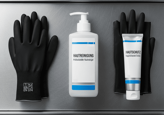 Flat-Lay-Aufnahme des 3-Säulen-Hautschutz-Modells: Ein Paar schwarze Handschuhe, eine Flasche Hautreinigung und eine Tube Hautschutz-Creme auf einer metallischen Oberfläche.