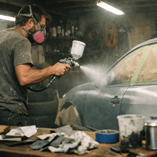 Ein Mann in Arbeitskleidung und Atemschutzmaske lackiert konzentriert den Kotflügel einer grauen Limousine mit einer Sprühpistole in einer Garage. Im Vordergrund liegen Schleifpapier und Farbdosen auf einer Werkbank, während feiner Sprühnebel in der Luft sichtbar ist.