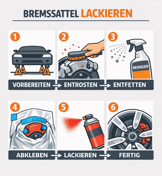 Eine Infografik zum Thema Bremssattel lackieren, die als Anleitung den Prozess in 6 Schritten vom Aufbocken des Autos bis zum fertigen Rad zeigt