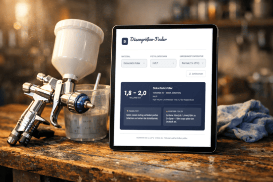 Tablet auf einer hölzernen Werkbank, das die Benutzeroberfläche des Düsengrößen Finder anzeigt, daneben liegt eine hochwertige Lackierpistole und ein Mischbecher.