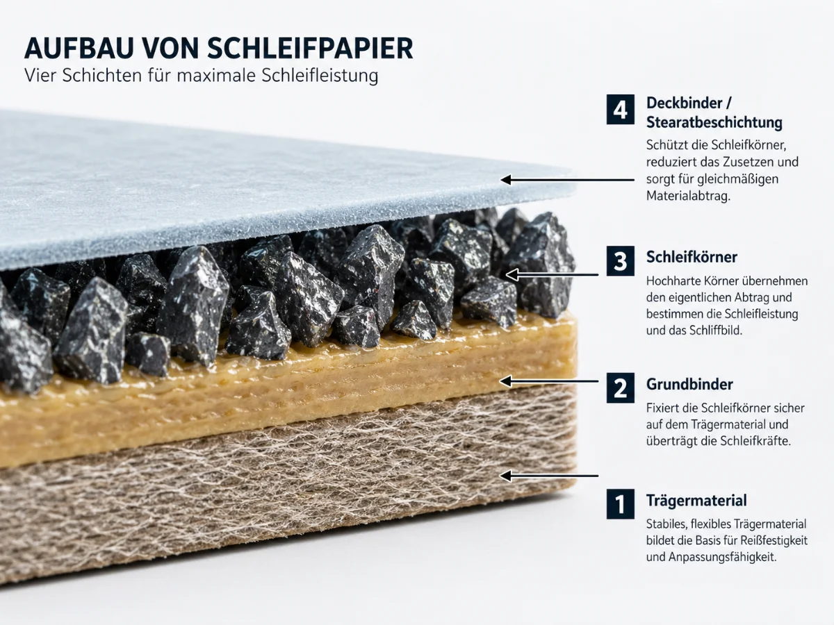 Technische Querschnittsgrafik eines Schleifpapiers mit vier beschrifteten Schichten. Unten ist das faserige Trägermaterial als Basis zu sehen. Darüber liegt der Grundbinder, der die Schleifkörner fixiert. Auf dem Binder stehen dunkle, kantige Schleifkörner, die den Materialabtrag übernehmen. Oben befindet sich eine helle Deckbinder- oder Stearatbeschichtung, die das Zusetzen reduziert und für gleichmäßigen Abtrag sorgen soll. Pfeile und Nummern markieren die einzelnen Bestandteile des Schleifpapieraufbaus.
