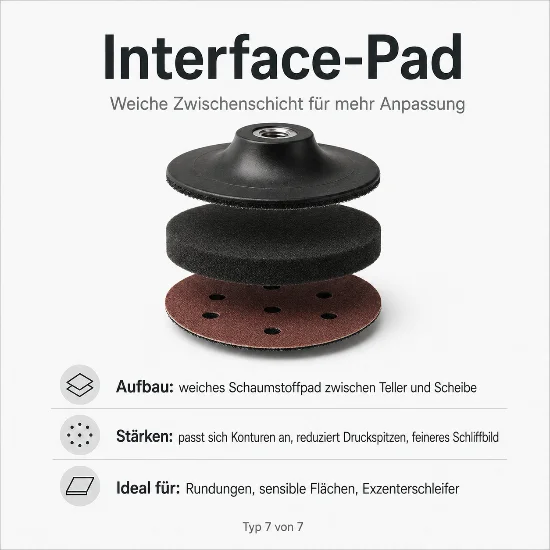 Infografik zu einem Interface-Pad. Dargestellt ist ein mehrteiliger Aufbau mit Schleifteller, weichem Schaumstoffpad und gelochter Schleifscheibe. Der Text beschreibt das Pad als weiche Zwischenschicht zwischen Teller und Scheibe. Es passt sich Konturen an, reduziert Druckspitzen und sorgt für ein feineres Schliffbild. Ideal für Rundungen, sensible Flächen und Exzenterschleifer.