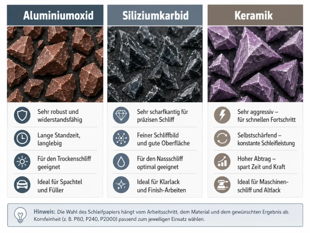 Infografik mit drei Spalten zum Vergleich von Schleifkörnern für Autolack. Links wird Aluminiumoxid mit braunen, robust wirkenden Schleifkörnern gezeigt und als widerstandsfähig, langlebig sowie geeignet für Trockenschliff, Spachtel und Füller beschrieben. In der Mitte zeigt die Grafik Siliziumkarbid mit dunklen, scharfkantigen Körnern für präzisen Schliff, feines Schleifbild, Nassschliff und Klarlack-Finish. Rechts wird Keramik mit violetten, aggressiv geformten Schleifkörnern dargestellt, geeignet für hohen Abtrag, selbstschärfende Schleifleistung, Maschinenschliff und Altlack.