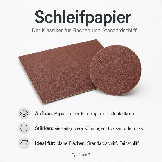 Infografik zu Schleifpapier. Abgebildet sind ein rechteckiger Bogen und eine runde Schleifscheibe in brauner Körnung. Der Text beschreibt einen Papier- oder Filmträger mit Schleifkorn. Stärken sind Vielseitigkeit, viele Körnungen sowie die Nutzung trocken oder nass. Ideal für plane Flächen, Standardschliff und Feinschliff.