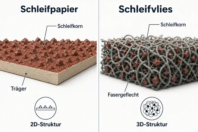 Technische Vergleichsgrafik zwischen Schleifpapier und Schleifvlies. Links ist Schleifpapier mit flachem Träger und Schleifkörnern nur auf der Oberfläche dargestellt, beschriftet mit „Schleifpapier“, „Schleifkorn“, „Träger“ und „2D-Struktur“. Rechts ist Schleifvlies als offenes Fasergeflecht mit Schleifkörnern im gesamten Materialaufbau dargestellt, beschriftet mit „Schleifvlies“, „Schleifkorn“, „Fasergeflecht“ und „3D-Struktur“. Die Grafik zeigt den strukturellen Unterschied der beiden Schleifmittel.