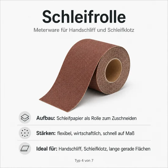 Infografik zu einer braunen Schleifrolle. Die Rolle ist teilweise abgerollt und zeigt Schleifpapier als Meterware zum Zuschneiden. Der Text nennt als Stärken: flexibel, wirtschaftlich und schnell auf Maß. Ideal für Handschliff, Schleifklotz und lange gerade Flächen.
