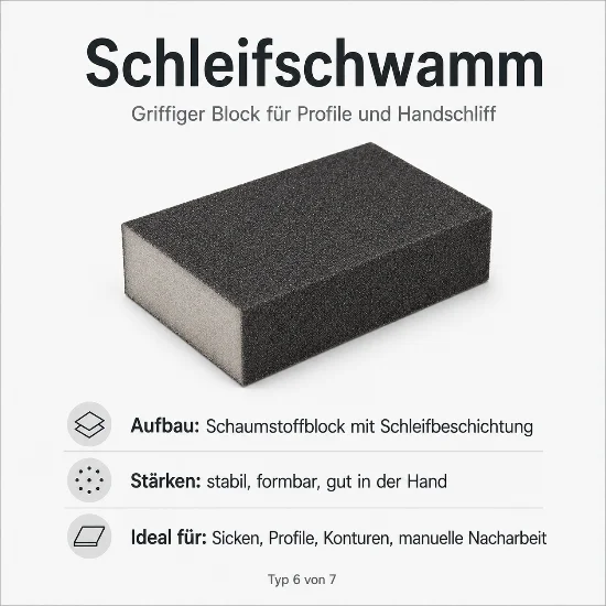 Infografik zu einem schwarzen Schleifschwamm. Zu sehen ist ein rechteckiger Schaumstoffblock mit Schleifbeschichtung. Der Text nennt als Stärken: stabil, formbar und gut in der Hand. Ideal für Sicken, Profile, Konturen und manuelle Nacharbeit.