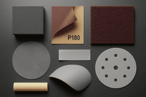 Eine Draufsicht auf verschiedene Schleifmittel, die ordentlich auf einer dunklen Oberfläche angeordnet sind: Darunter ein Schleifschwamm, Schleifpapier (P180), ein Schleifvlies und Schleifgitter.