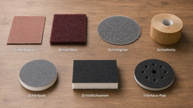 Übersichtsgrafik mit sieben Schleifmitteln auf einer Holzoberfläche. Abgebildet und beschriftet sind Schleifpapier, Schleifvlies, Schleifgitter, Schleifrolle, Schleifpad, Schleifschwamm und Interface-Pad. Die Darstellung zeigt Form, Materialstruktur und typische Produktvarianten im direkten Vergleich.