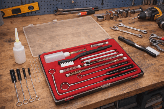 Offenes Reinigungsset mit verschiedenen Reinigungsbürsten, Nadeln und einer Flasche Pflegeöl auf einer hölzernen Werkbank, bereitgelegt für den Prozess: Lackierpistole reinigen.