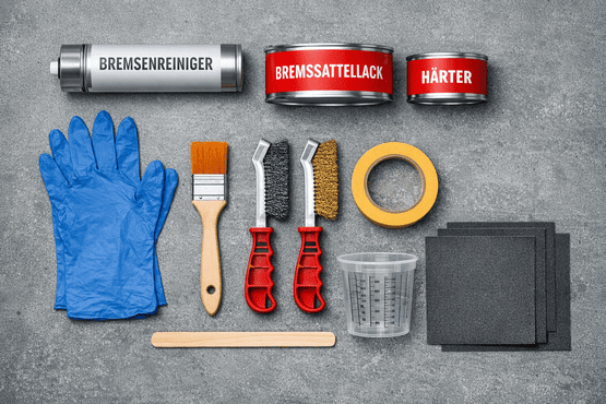 Draufsicht auf Werkbank mit 2K-Lackdose, Härter, Bremsenreiniger, Drahtbürste und Pinsel, die notwendig sind, um einen Bremssattel mit Pinsel lackieren zu können.