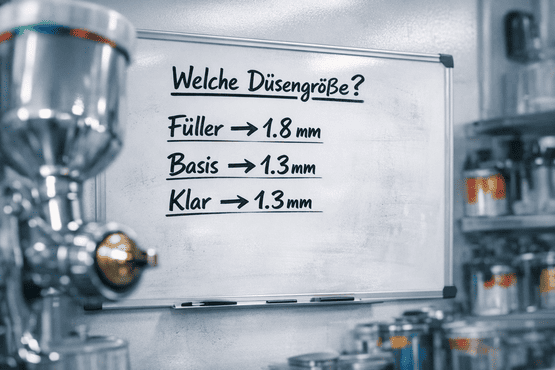 Nahaufnahme einer handgeschriebenen Tabelle auf einem Whiteboard in der Lackiererei, die die richtige Düsengröße für Füller (1.8 mm), Basislack (1.3 mm) und Klarlack (1.3 mm) anzeigt, mit einer Lackierpistole im unscharfen Vordergrund.
