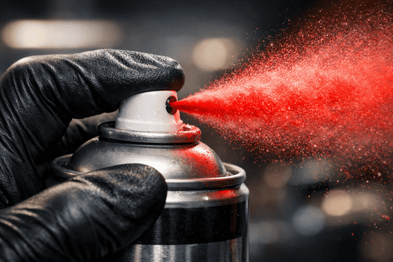 Nahaufnahme einer Hand mit schwarzem Nitrilhandschuh, die eine 1K Spraydose betätigt und feinen roten Lacknebel versprüht.