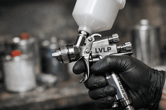 Nahaufnahme einer Hand in einem schwarzen Schutzhandschuh, die eine silberne LVLP Farbspritzpistole mit weißem Fließbecher hält. Im unscharfen Hintergrund sind Lackdosen in einer Werkstatt zu erkennen.