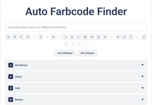 Screenshot des Farbcode Finders mit einem Suchfeld, in welchem man die Automarke eingeben können, sowie einer A-Z Liste mit verschiedenen Autoherstellern. 