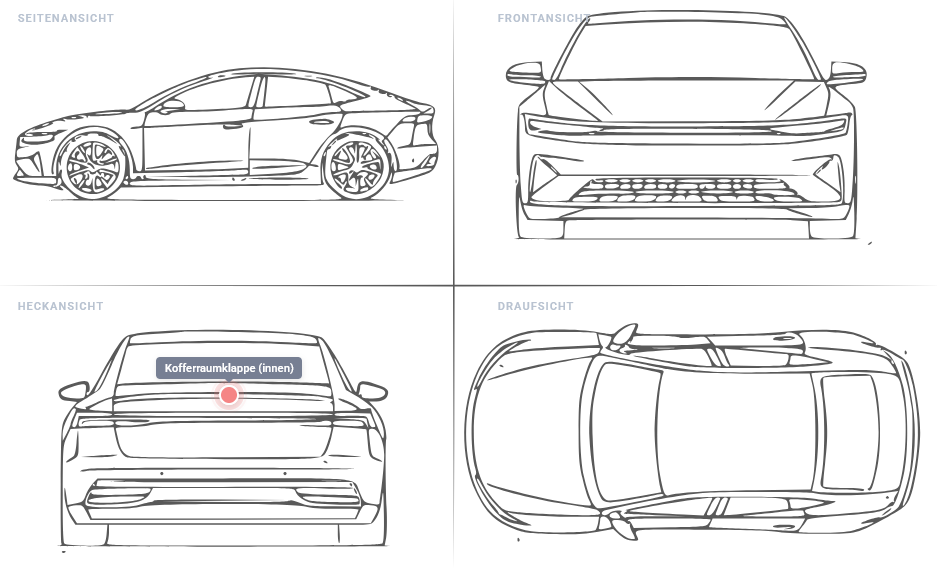 Grafik eines Alfa Romeo, die die exakte Position des Typenschilds mit dem Farbcode an der inneren Kofferraumklappe zeigt.