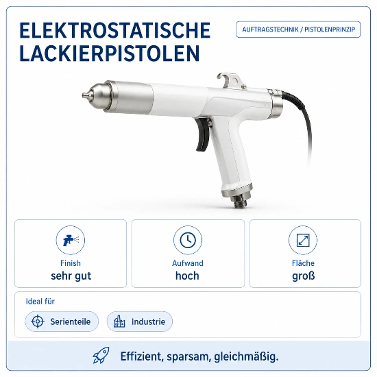 Infografik zu elektrostatischen Lackierpistolen als Auftragstechnik nach Pistolenprinzip. Zu sehen ist eine weiße elektrostatische Lackierpistole mit Kabelanschluss. Die Karte bewertet das Finish als sehr gut, den Aufwand als hoch und die Fläche als groß. Als ideale Anwendungen werden Serienteile und Industrie genannt. Der Hinweis unten lautet: Effizient, sparsam, gleichmäßig.