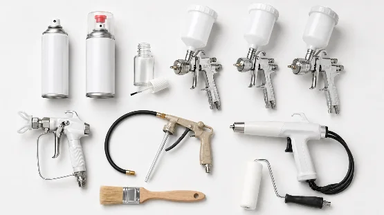 Übersichtsgrafik mit verschiedenen Werkzeugen und Systemen für den Lackauftrag auf hellem Hintergrund. Zu sehen sind eine 1K Spraydose, eine 2K Spraydose mit rotem Aktivierungsknopf, eine Pinselflasche mit integriertem Pinsel, mehrere Spritzpistolen mit oberen Farbbechern, eine Airless-Lackierpistole, eine Unterbodenschutzpistole mit Schlauch und Sonde, eine elektrostatische Lackierpistole mit Kabel, ein flacher Pinsel und eine kleine Lackierrolle. Das Bild zeigt die wichtigsten manuellen und pistolenbasierten Auftragstechniken für Spot-Repair, Reparaturlack, Grundierung, Klarlack, Unterbodenschutz, große Flächen und Detailarbeiten.