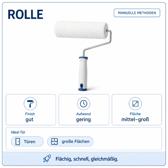 Infografik zur Rolle als manuelle Lackiermethode. Zu sehen ist eine weiße Lackierrolle mit Griff. Die Methode wird mit gutem Finish, geringem Aufwand und einer Fläche von mittel bis groß bewertet. Als ideale Anwendungen werden Türen und große Flächen genannt. Der Hinweis unten lautet: Flächig, schnell, gleichmäßig.